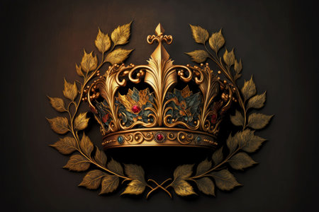 top view of antique golden crown on dark background