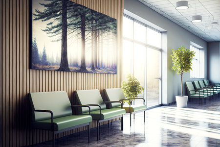 waiting area for visitors and patients in modern hospital receptionの写真素材