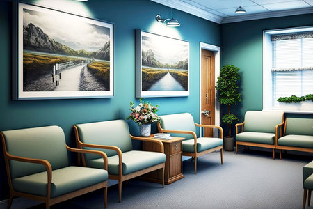waiting room with soft sofas for patients at hospital reception