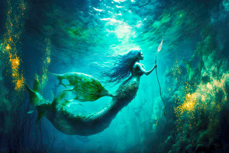 magical underwater world beautiful mermaid swimming in waterの写真素材