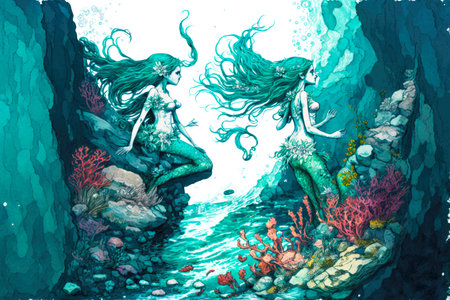 mermaids swimming in turquoise sea among rock and seaweedの写真素材