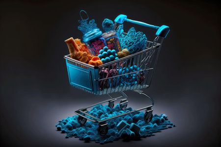 blue shopping cart with goods for sale on dark backgroundの写真素材