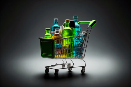 empty shopping cart on gray background with blurry bottles and containersの写真素材