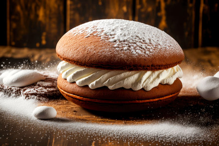 sweet dessert homemade whoopie pie with icing sugar and chocolate