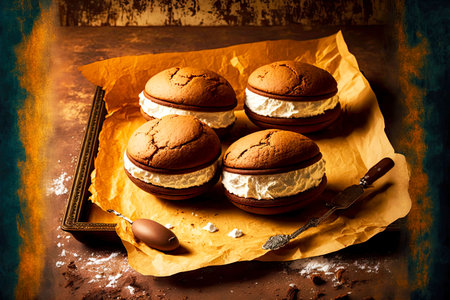 pastries delicious messy whoopie pie on baking sheetの写真素材