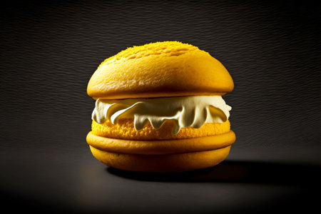 bright yellow pumpkin cream whoopie pie on dark backgroundの写真素材
