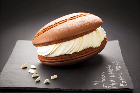 homemade snack for desserts in form of whoopie pie with cream on black boardの写真素材