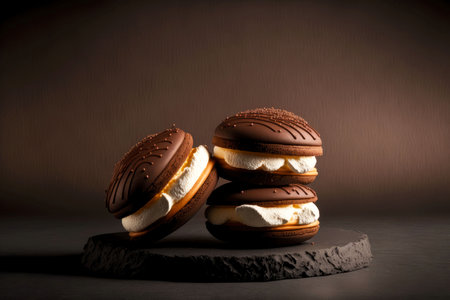 chocolate cupcakes with cream filling whoopie pie on dark background