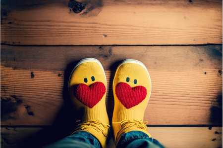 Selfie feet wearing yellow warm socks with red heart shape on wooden floor backgroundの写真素材