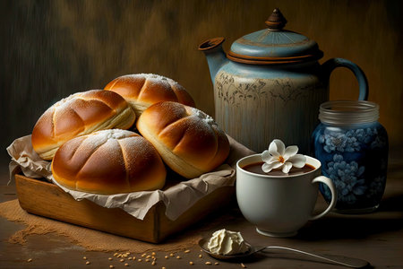 leavened brioche buns with sugar for coffee