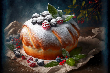 brioche bread in powdered sugar with berries and leaves