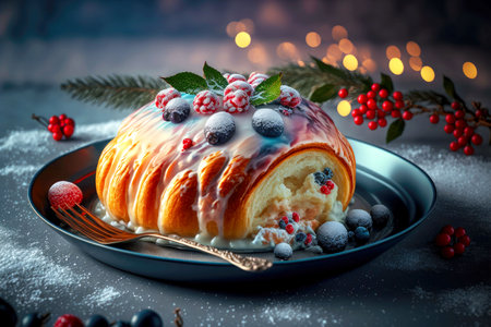 christmas sweet rolls brioche with glaze and berries on plateの写真素材