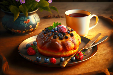 french breakfast brioche with coffee and fresh berries on plate