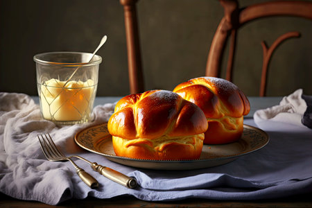 two fresh homemade brioche in plate for breakfast