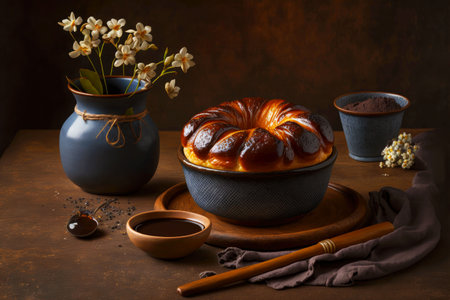 fresh baked sweet brioche with dark glaze in bowl on table