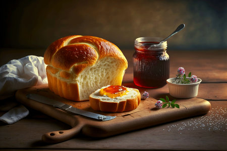 delicious homemade french bread with butter and jam briocheの写真素材
