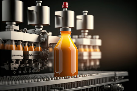 Automatic tightening of lids on beverage bottle on juice production lineの写真素材