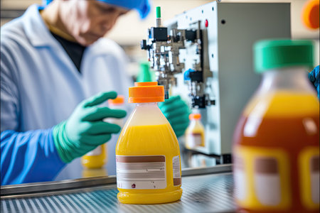 Laboratory staff study composition of beverages on juice production line