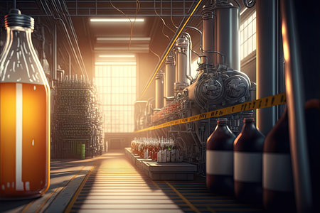 Huge variety of bottles of drink are in factory on juice production lineの写真素材