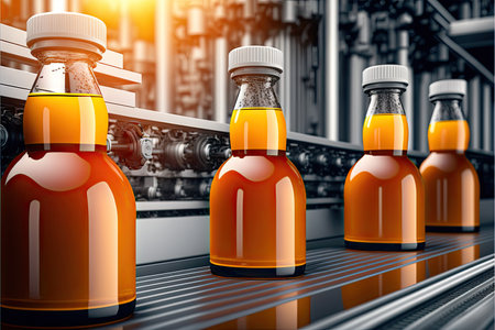 Bottles of drink stand on conveyor line for production of juice and are waiting for transportationの写真素材
