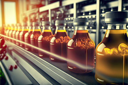 Rows of freshly squeezed juice bottles stood on juice production line, ready to be shipped.の写真素材
