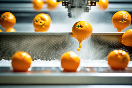 Orange juice was made on juice production line and citrus aroma was in airの写真素材