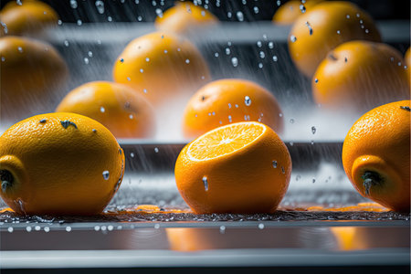 On line for production of juice were oranges, from which juice would later be obtained.の写真素材