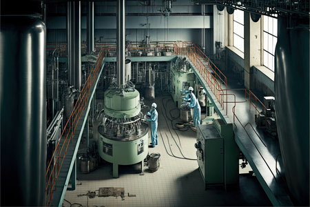 Several workers work in shop on juice production line