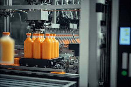 Plastic bottles with orange drink are on conveyor on juice production line
