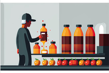 Employee in special form mixes different flavors on juice production line
