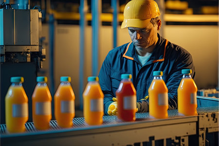 Employee in factorys corporate uniform controls conveyor on juice production lineの写真素材