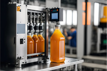 Bottling drink in large bottle on juice production lineの写真素材