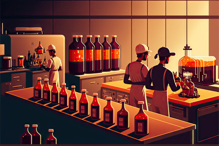 Laboratory staff on juice production line conduct experiments for new productの写真素材