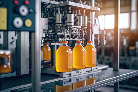 On apple juice production line there are large glass bottles with orange lids