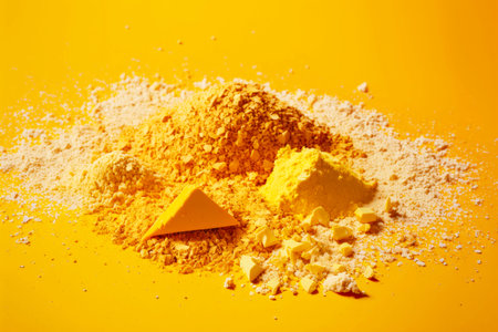 dried bread crumbs for baking on yellow backgroundの写真素材