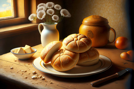 wheat bread in delicate round rolls for breakfastの写真素材