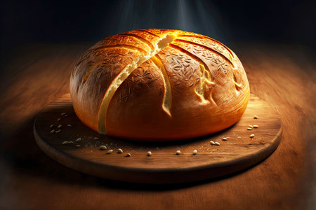 beautiful round loaf of homemade bread with single hole on wooden boardの写真素材