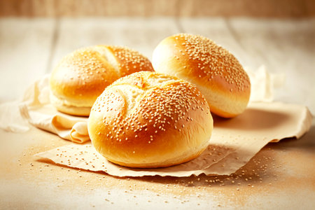 delicious fresh baked bread rolls with sesame seeds on light background