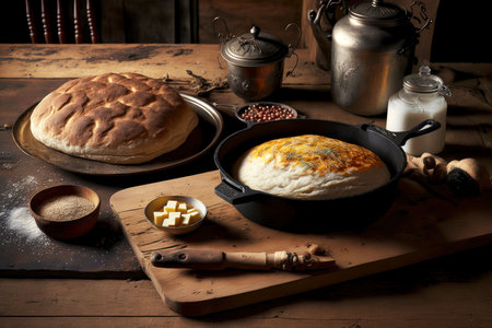 homemade cooking in cast iron griddle homemade bread on table