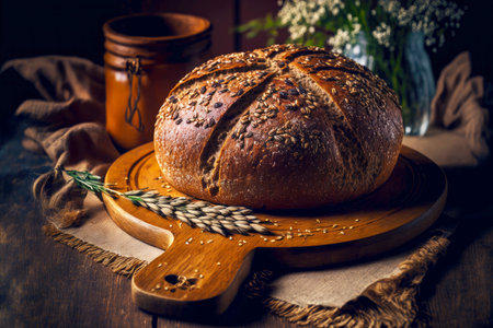 whole grain healthy homemade bread on wooden board with grainの写真素材