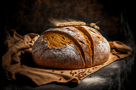 grain traditional organic bread in wheat flour on dark backgroundの写真素材