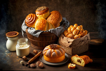 assortment of delicious baked products for breakfast on table: toast, rolls, muffins and bread