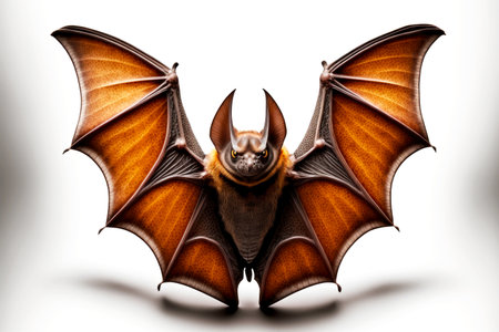 Large evil bat looks evil, spreading its imposing wings on white background.