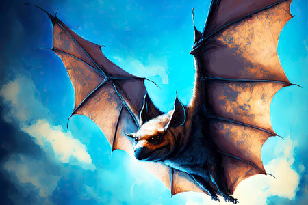 Bat, spreading to sides of its strong wings flies against background of sunny blue skyの写真素材