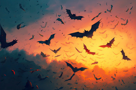 Flock of bats circles in sunset sky among lush cloudsの写真素材
