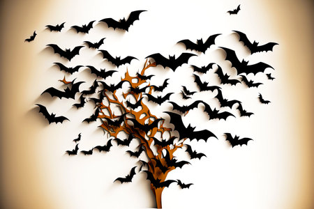 Decor of childrens room, made in form of dry tree and flock of bats on light wall