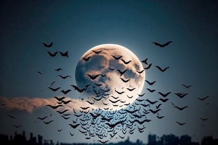 Flock of bats rushed towards city after sunset on full moonの写真素材