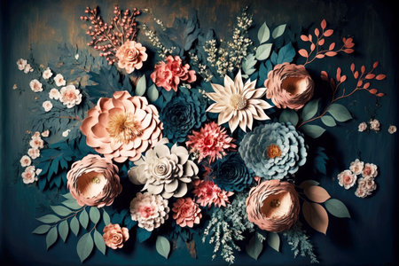 beautiful three-dimensional collage of different paper colors as abstract floral patternの写真素材