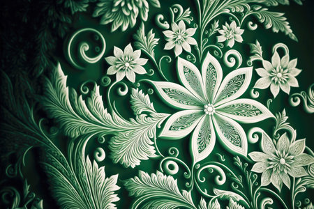openwork white flowers with thin twisted stems as abstract floral pattern on green backgroundの写真素材