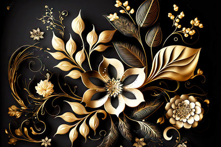 beautiful golden leaves and twisted stems in form of abstract floral pattern on black backgroundの写真素材